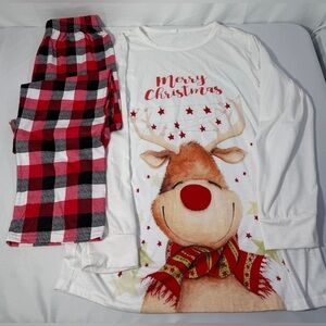Merry Christmas Pajama Set Reindeer Long Sleeve Top Plaid Bottoms Women’s Medium